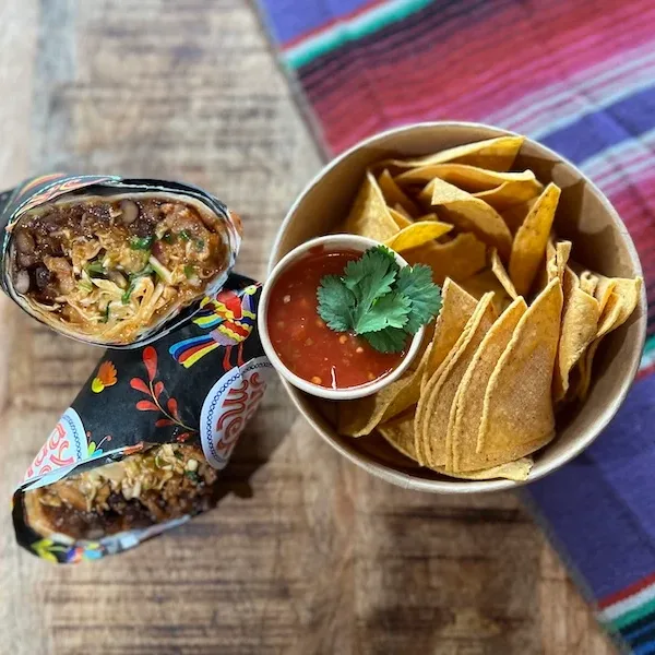 Beef barbacoa Burrito Combo with Nachos & Salsa